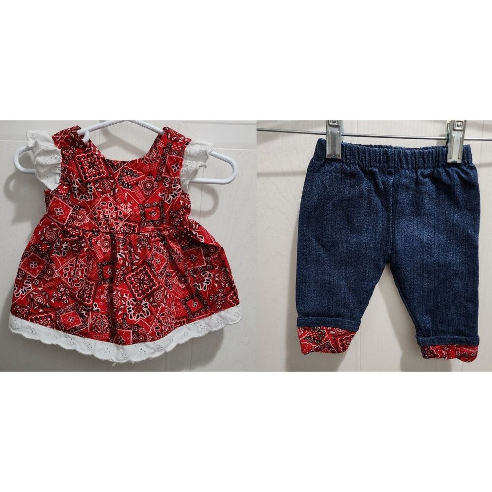 Blueberi Boulevard Baby Girl Outfit Bandana Print Top and Denim Pants Size 6M
